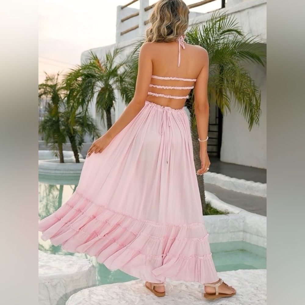 Sleeveless Halter Smocked Maxi Dress - Pink - Picture 2 of 6